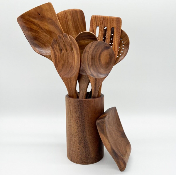 9PCS Wooden Spoons For Cooking, Wooden Utensils For Cooking With Utensils  Holder, Teak Wooden Kitchen Utensils